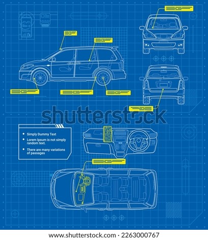 Car in outline style schematic blueprints Vehicle side front back top dashboard view Industrial image on a blue background Vector illustration