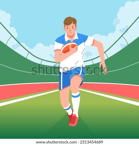 Rugby player running across the perspective center field carrying the ball