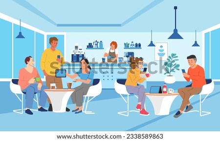 Young People Characters Dinning and Working in modern Coffehouse. Woman and Man Working and Drinking Coffee. Coworking Loft Office with Cafe. Freelancers at Work.