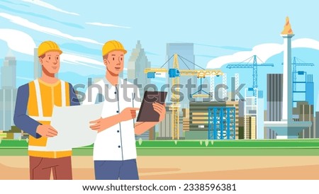 Construction site with architects and builders Civil engineer discussion, surveyors. Workers building a house in the city. Engineering and construction concept