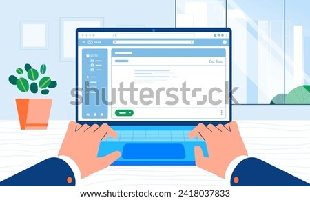 Business hands typing laptop keyboard browser on screen at Office desk concept people work