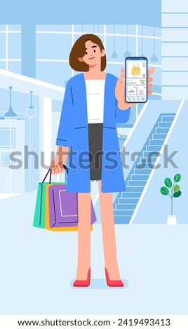 Fashionable Woman girl female at mall show Online mobile app on phone shopping clothing store shop 