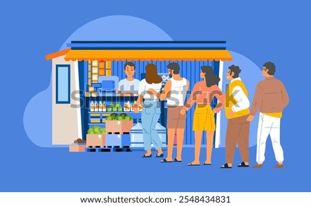 Local traditional grocery stall store People Queue shop daily needs man merchant welcomes the custommer