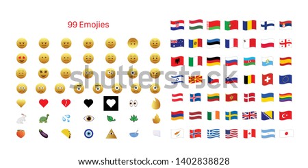 99 Emojis Set Isolated On White Background. Social Media Emojis And Flags Symbol Modern Simple Vector Icon For Website And Mobile App