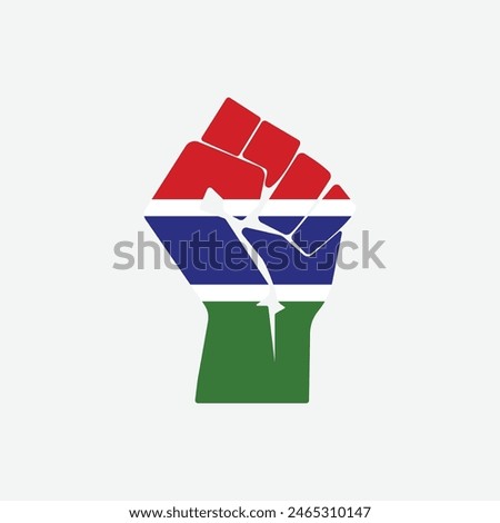 Flag of The Gambia in the shape of raised hand sign isolated on background. Fist symbol modern, simple, vector, icon for website design, mobile app, ui. Vector Illustration