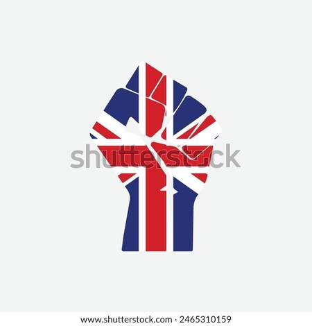 Flag of The United Kingdom in the shape of raised hand sign isolated on background. Fist symbol modern, simple, vector, icon for website design, mobile app, ui. Vector Illustration