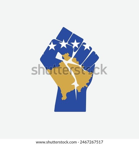 Flag of Kosovo in the shape of raised hand sign isolated on background. Fist symbol modern, simple, vector, icon for website design, mobile app, ui. Vector Illustration