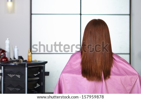 Hair salon. Women`s haircut. Back view.