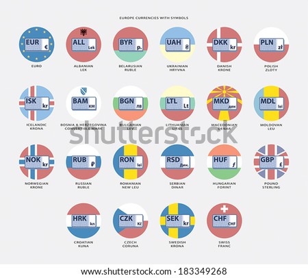 Europe currencies with symbols and flags.