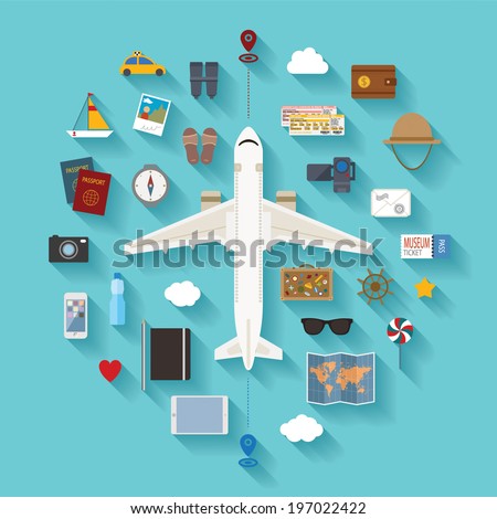 Vector modern flat style icons set for tourism industry, traveling on airplane, planning summer vacations.