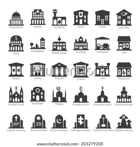 Common buildings and places like government police hospital church cafe bank restaurant theater cinema fuel station night club temple sinagogue cemetery vector icon set