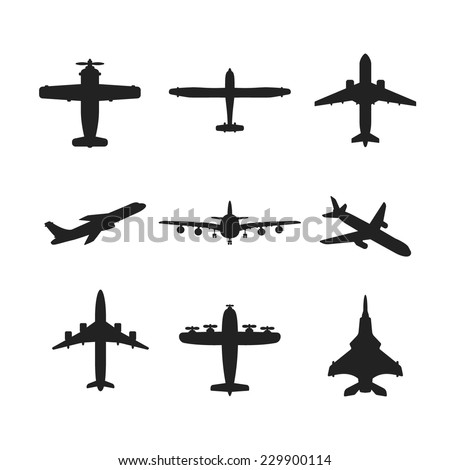 Different monochrome vector airplanes icon set