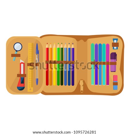 School pencil case with various charms. Paint, pencils, notepad, bag, microscope, globe, apple, pen. Back to school. First day in school. 