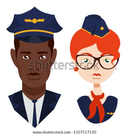 Cute, beautiful an African American pilot with in blue, air. stewardess ore with a red scarf, in glasses. airline, plane, flight Modern vector image design isolated on white background. bon voya