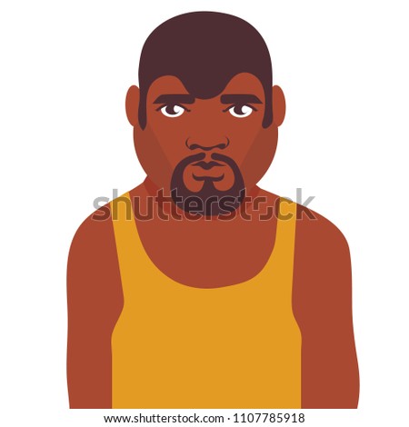 Cute, beautiful boy african american adult man yellow T-shirt, round face with beard and mustache, short hairstyle, dark hair. Modern vector flat image design isolated on white background