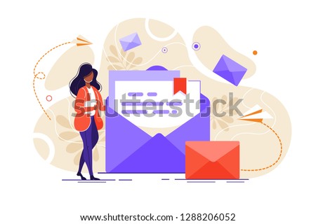 Woman hold mail. chatting, Business woman vector illustration. Working process, New email message, mail notification. Social network, chat, Girl reading letter, New incoming message, sms, spam.