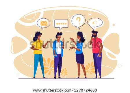 Vector illustration for online review theme. People with mobile device - laptop, tablet, smartphone - giving stars, rating. Thumb up, stars line icon. Concept design for landing page, mobile app, site