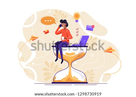 Happy handsome office worker with many hands sitting on an hourglass and doing several actions at the same time. Multitasking, productivity and time management concept. Flat vector illustration