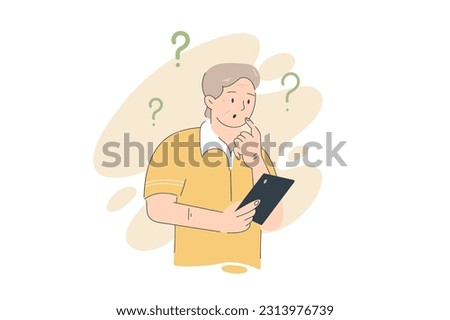 senior man reading news on digital tablet.Question. Hand drawn style vector design illustrations