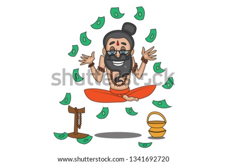 Vector cartoon illustration of data baba sitting in air and money flying in air. Isolated on white background.