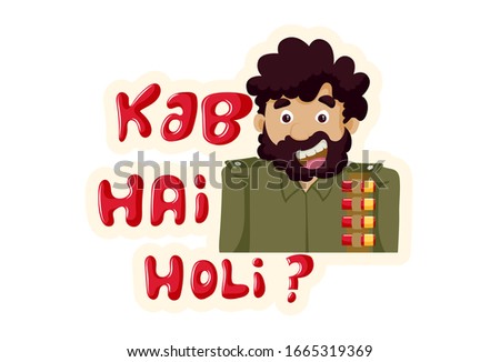 Vector cartoon illustration of  man. kab hai holi Hindi text sticker - When is holi? Isolated on white background.