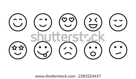 Face emoticons emoji line art vector icons set for apps, websites, Customer review, satisfaction, mood tracker editable stroke. Smile sad cry funny star heart eyes logo character stickers expressions 