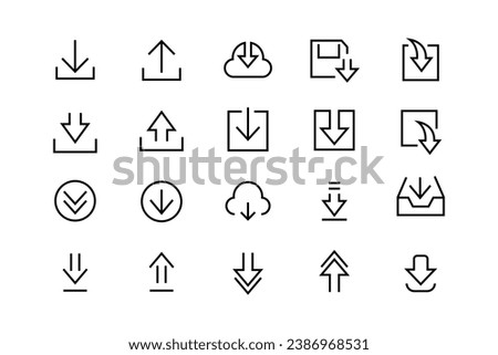 Download line flat vector set icon. install symbol. Download upload button Load sign flat, chat message data exchange, traffic, web files cloud, server collection. Editable stroke on white background