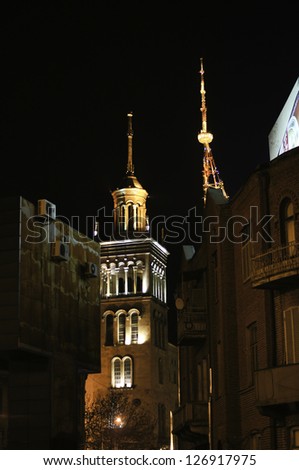 Mtatsminda mount in Old Tbilisi with old church and Tv tower