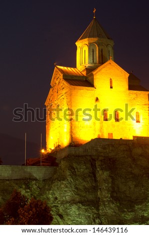 Night view of Metekhi church in Old Tbilisi, Georgia