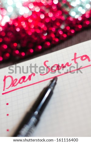 Christmas letter to Santa Claus and different holiday decoration