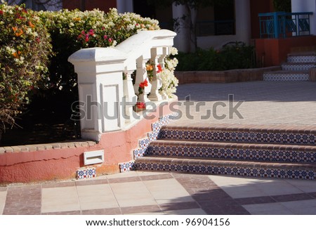 Arabic architecture: ceramic tiled stairs with bougainvillea
