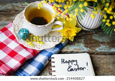 Easter time, spring flowers, easter eggs and  easter bunny