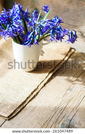 Blue hyacinths in the vase on the wooden table on burlap napkin