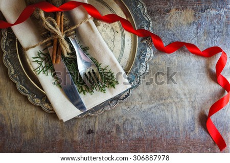 Vintage or rustic christmas table setting. Selective focus