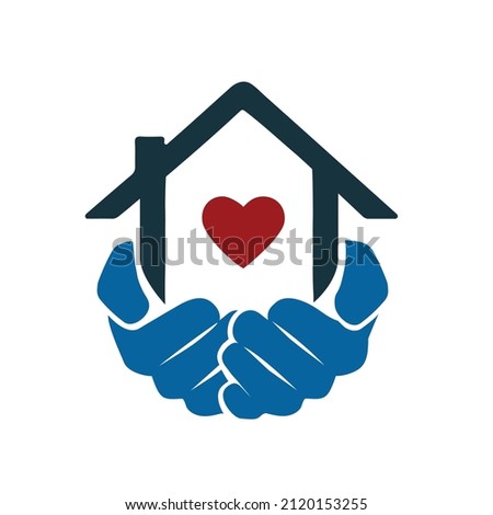 House care logo template.Heart house icon, lovely home, hand holding house with heart
