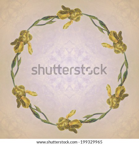 Golden yellow iris round frame with the texture of the old paper