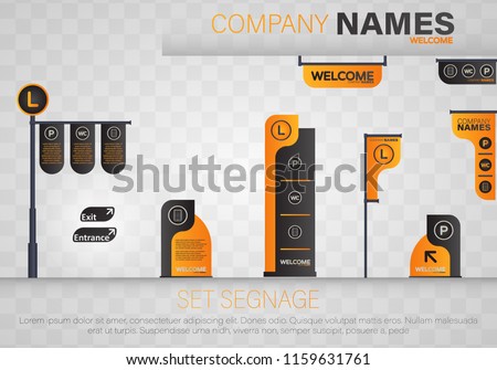 Set signage.Direction,pole, wall mount and traffic signage system design template set.Exterior and interior signage concep. Office exterior monument sign, pylon sign, signage,advertising construction.