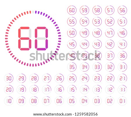 Set of timers. Sign icon. Set vector image of minimalistic clock dial white with black ticks time, different shapes of round and square, isolated on background. The clock with showing minutes.