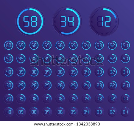 Set of timers. Sign icon. Set vector image of minimalistic clock dial white with black ticks time, different shapes of round and square, isolated on background. The clock with showing minutes.