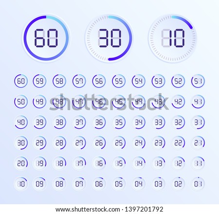Set of timers. Sign icon. Set vector image of minimalistic clock dial white with black ticks time, different shapes of round and square, isolated on background. The clock with showing minutes.