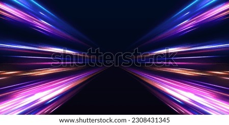 Vector speed of light in space on dark background. Abstract background in blue, yellow and orange neon colors.