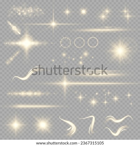 Collection of highlights, stars and rays of light with luminous swirling and spiraling particles on a transparent background. Flying star effect.