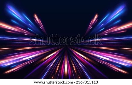 Panoramic high speed technology concept, light abstract background. High-speed light trails effect. Purple glowing wave swirl, impulse cable lines.	