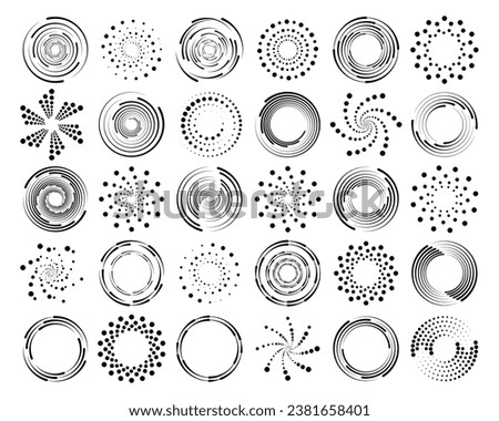 Dot circle pattern. Orange round halftone dot patterns. Spiral halftones frame. Set of swirl abstract ripple elements. Circular graphic textures isolated on black background. Vector.	