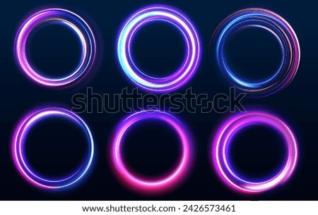 Night road speed illustration. Rounded neon line with light effect. Energy flow tunnel. Blue portal, platform.	