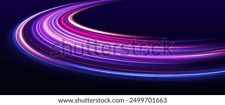 Vector glitter light fire flare trace. Abstract image of speed motion on the road. Dark blue abstract background with ultraviolet neon glow, blurry light lines, waves.	
