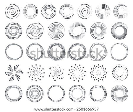 Dot circle pattern. Concentric vortex circles, circular ripple lines design. Dynamic abstract black spiral. White round dotted frames set isolated on black background.	