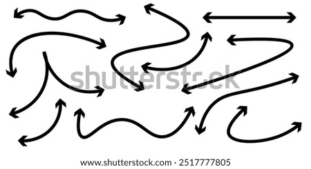 Set of hand drawn dashed arrows. Cursor Icon. Set of black dotted arrows in doodle style. Pointers to the wire, up, down. Curved line. Back, Next Web Page Sign. Vector illustration.