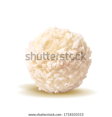 Coconut balls low poly. Coconut healthy sugarfree bliss balls in coconut shells. Tasty cake. Vector illustration. Coconut balls with cream in triangulation technique.