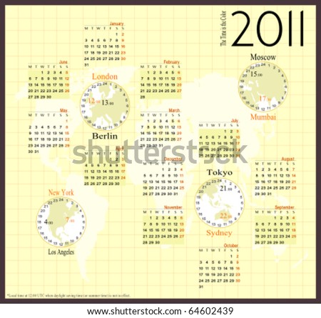 Modern calendar for 2011, with the local times of the great cities of the World. Week starts on Monday. Light version.